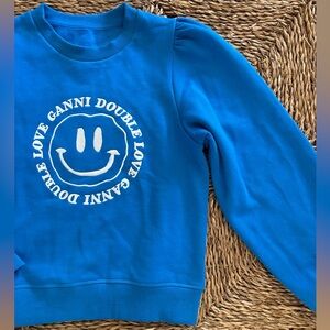 GANNI puffed sleeve double love sweatshirt blue and white embroidered
